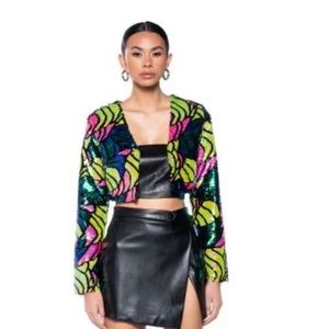 BETTER TO LOVE AT MIDNIGHT CROP SEQUIN BLAZER IN MULTI Color-Akira